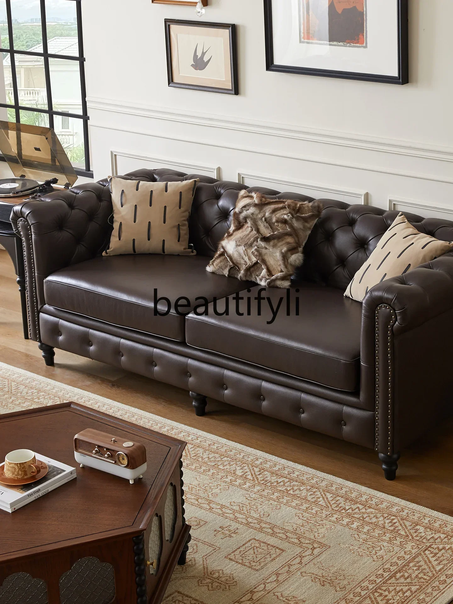 

xx1American retro leather sofa first layer cowhide classic American three-person straight row sofa