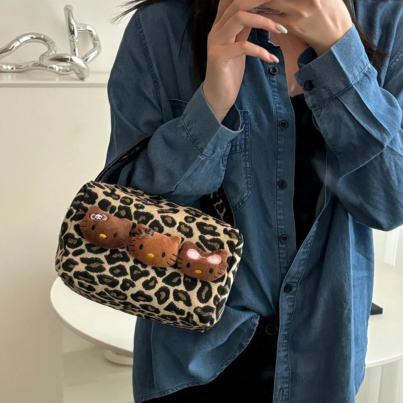 Cute Kitty Leopard Pattern Cat Makeup Bag Large Capacity Portable Commuter Travel Handbag Skincare Cosmetics Storage Bag