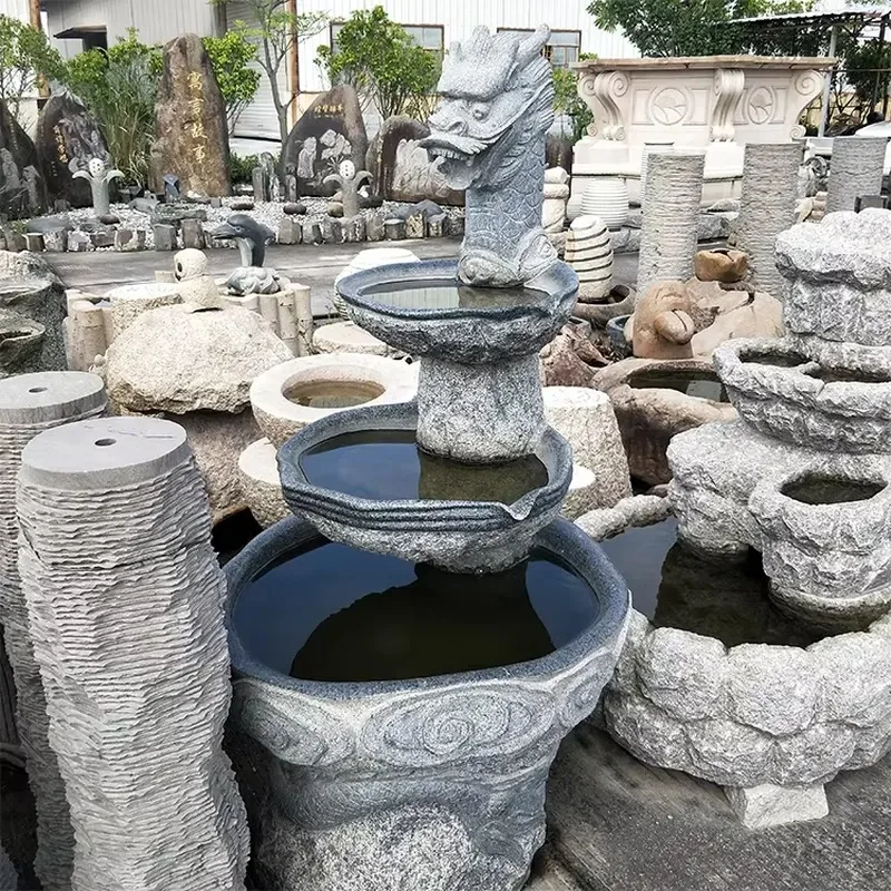 Natural Granite Hand Carved Chinese Faucet Fountain Three Layer Flowing Water Landscape Outdoor Garden Decoration