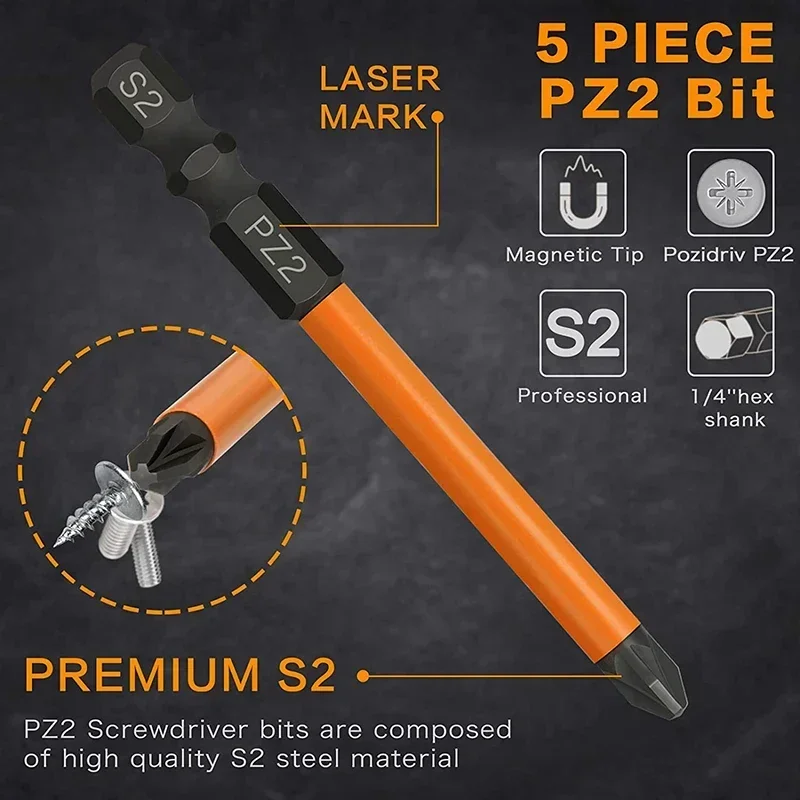 プロ仕様5ピースPZ2インパクトドライバービットセット - 電動工具用75mmポジドリルドリルビット
