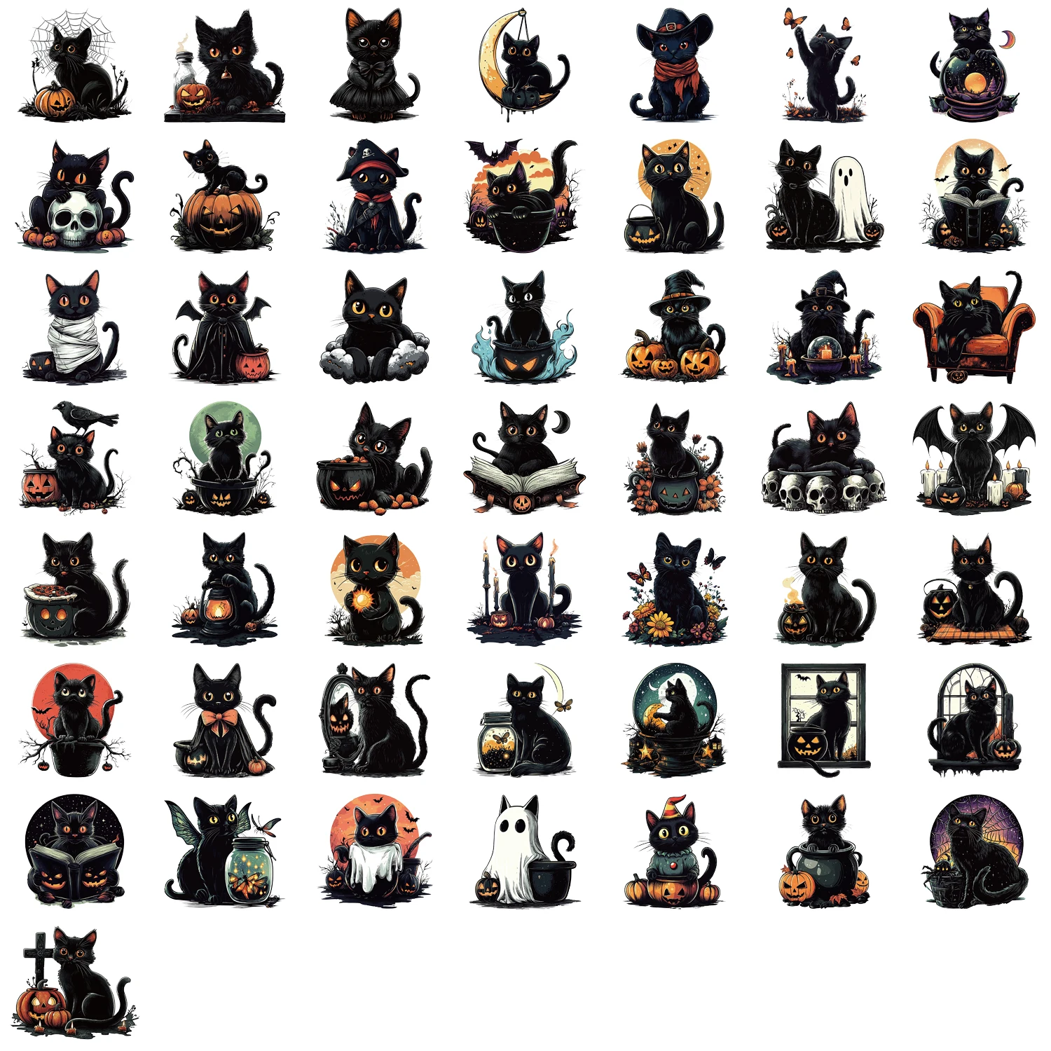 50pcs Halloween Black Cat Transparent Stickers Horror Goth Black Cat Cartoon Sticker Luggage Phone Suitcase Retro Decals Toy