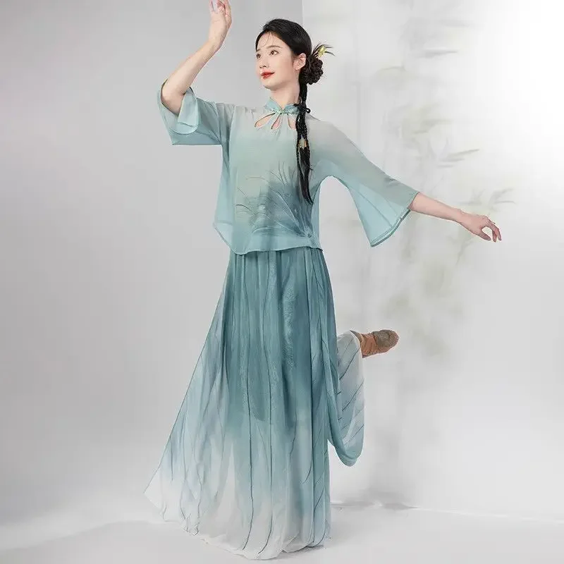 Chinese Dance Costume Stand Up Collar Mid Sleeve Top Cyan Culottes Modern Modified Hanfu Classical Dance Practice Clothing