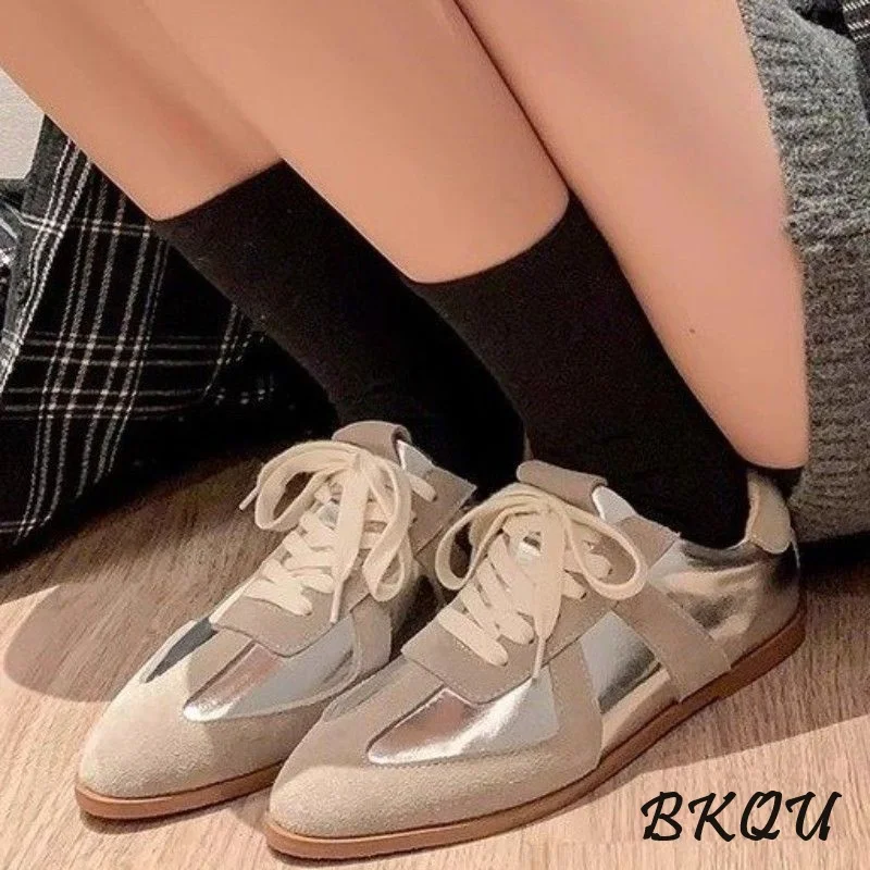 BKQU Ladies Pointe De Training Shoes 2024 New Retro Casual Color Matching Lace-up All Korean Version Spliced Flat Shoes