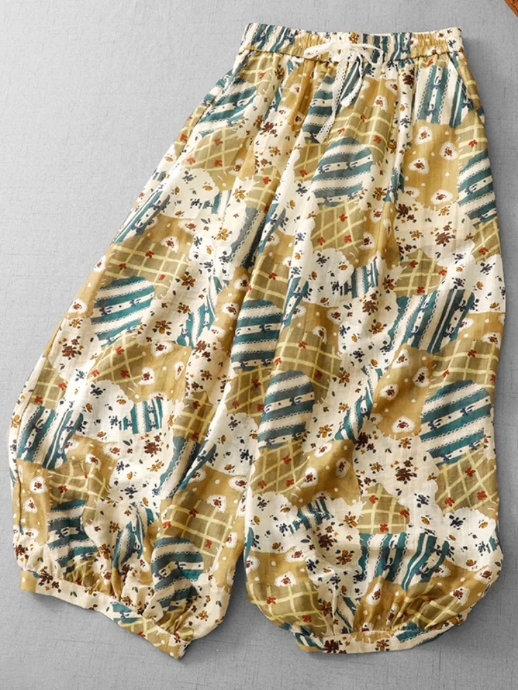  Linen Lyocell Printed Lantern Pants Women Summer Lazy Vacation Loose Casual Wide Leg Pants Walking Cool Pants