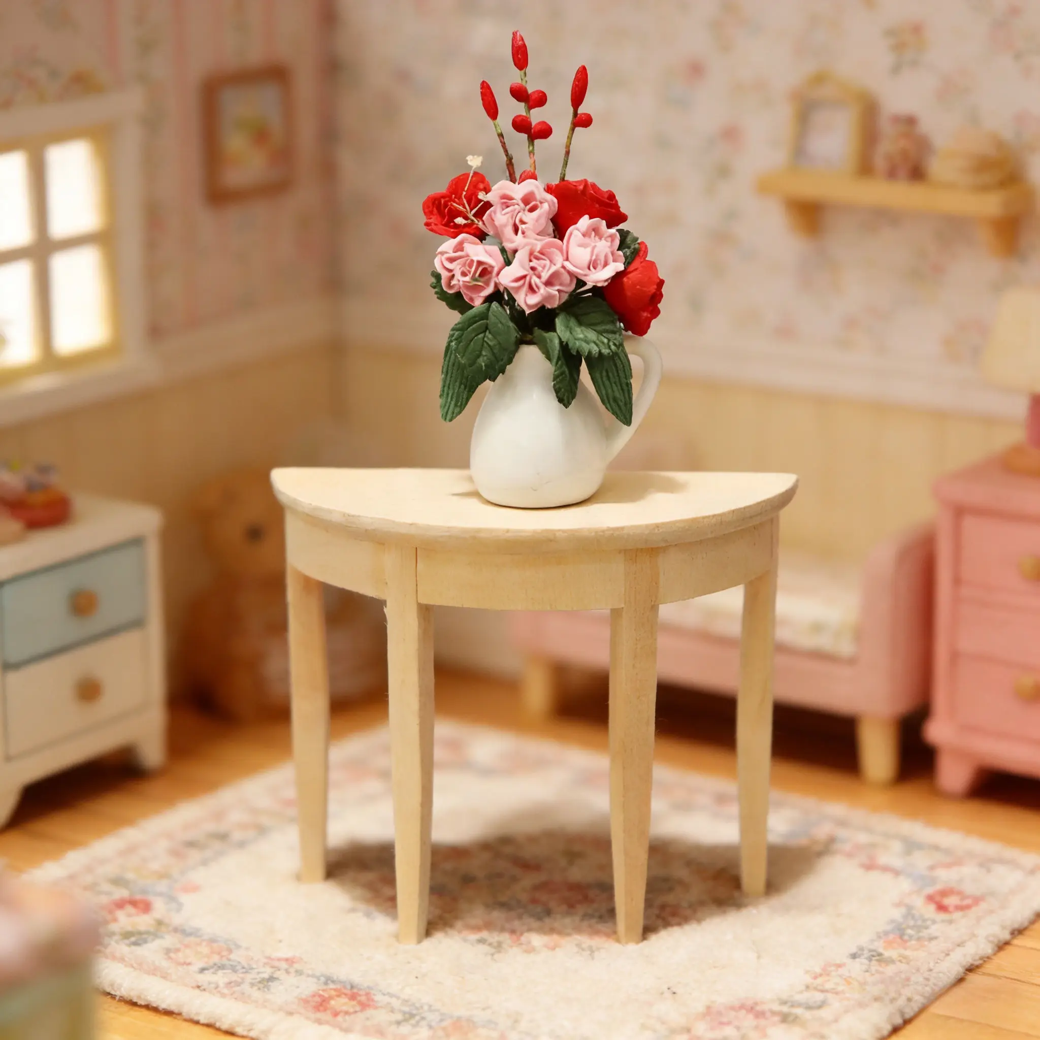

1:12 Dollhouse Mini Half-Round Console Table – Solid Wood Unpainted, Entryway Half-Side Table Miniature Furniture