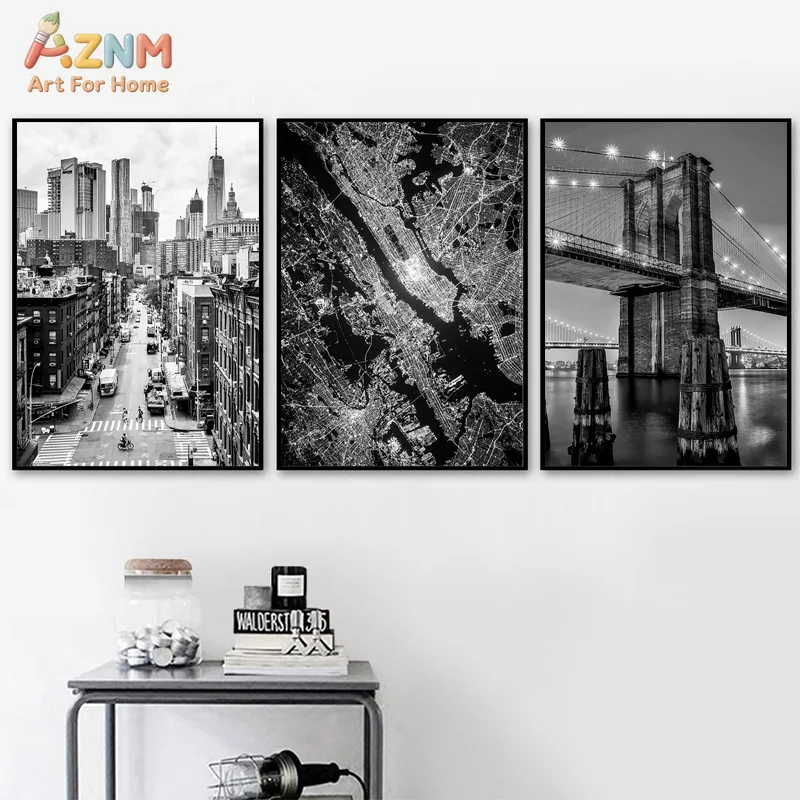 AZNM New York City Empire State Building Canvas Wall Art, Black and White Urban Street Photography Print, Frameless Modern Skyli
