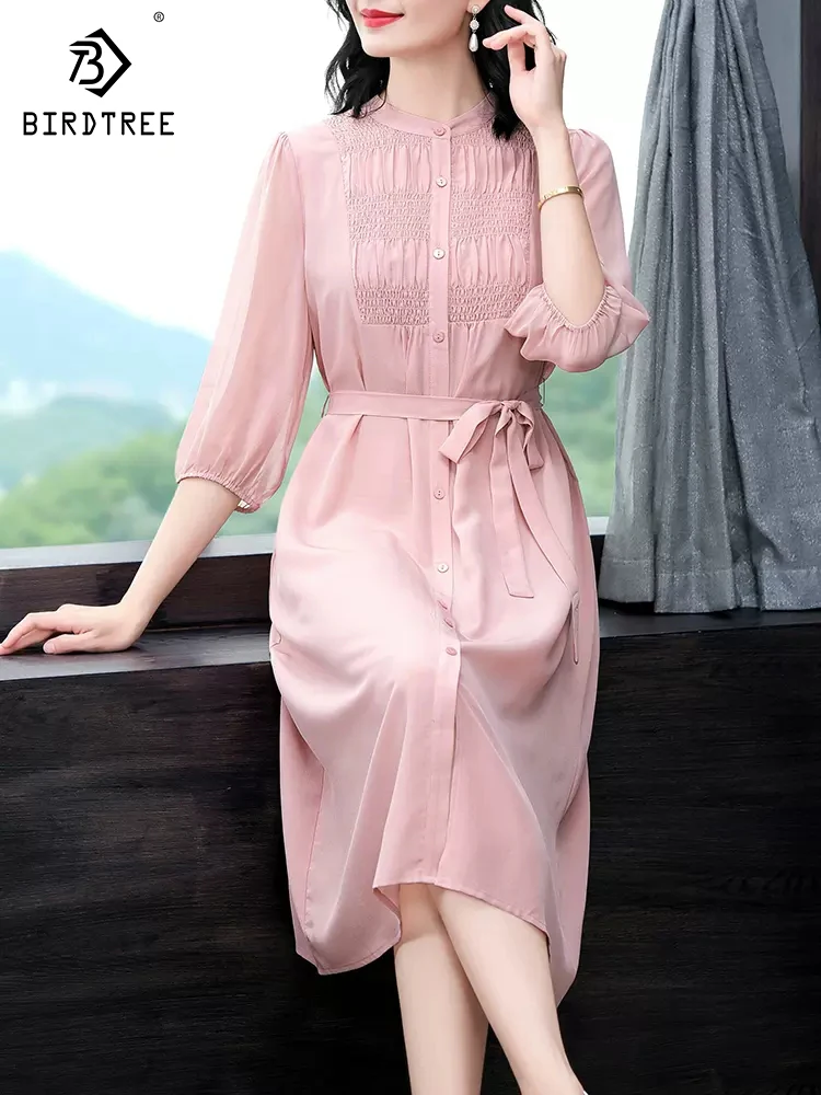 

BirdTree, 100%Real Silk Elegant Dresses, Women Stand Half Sleeve Solid, Commute Young Loose Mom Dress, 2024 Summer D45398QC