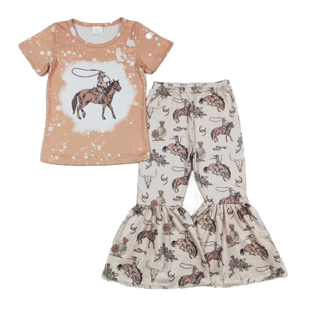 

GSPO1437 Baby Girls Rodeo Western Shirts Top Horse Bell Pants Clothes Sets