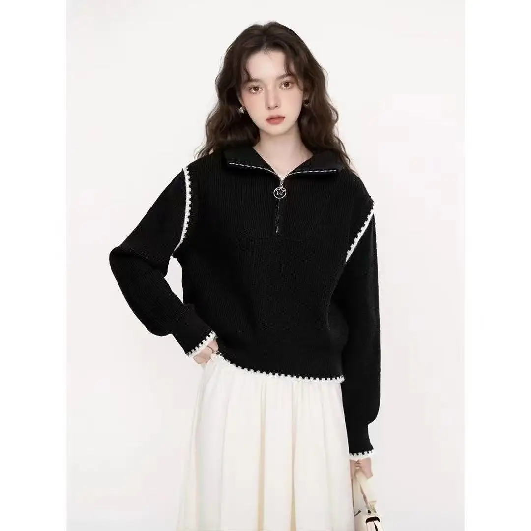 Sweter Leher Tinggi Ritsleting Abu-abu Sederhana Desain Wanita Musim Gugur/Musim Dingin Sweter Rajutan Longgar Baru Atasan Versi Korea Trendi Wanita