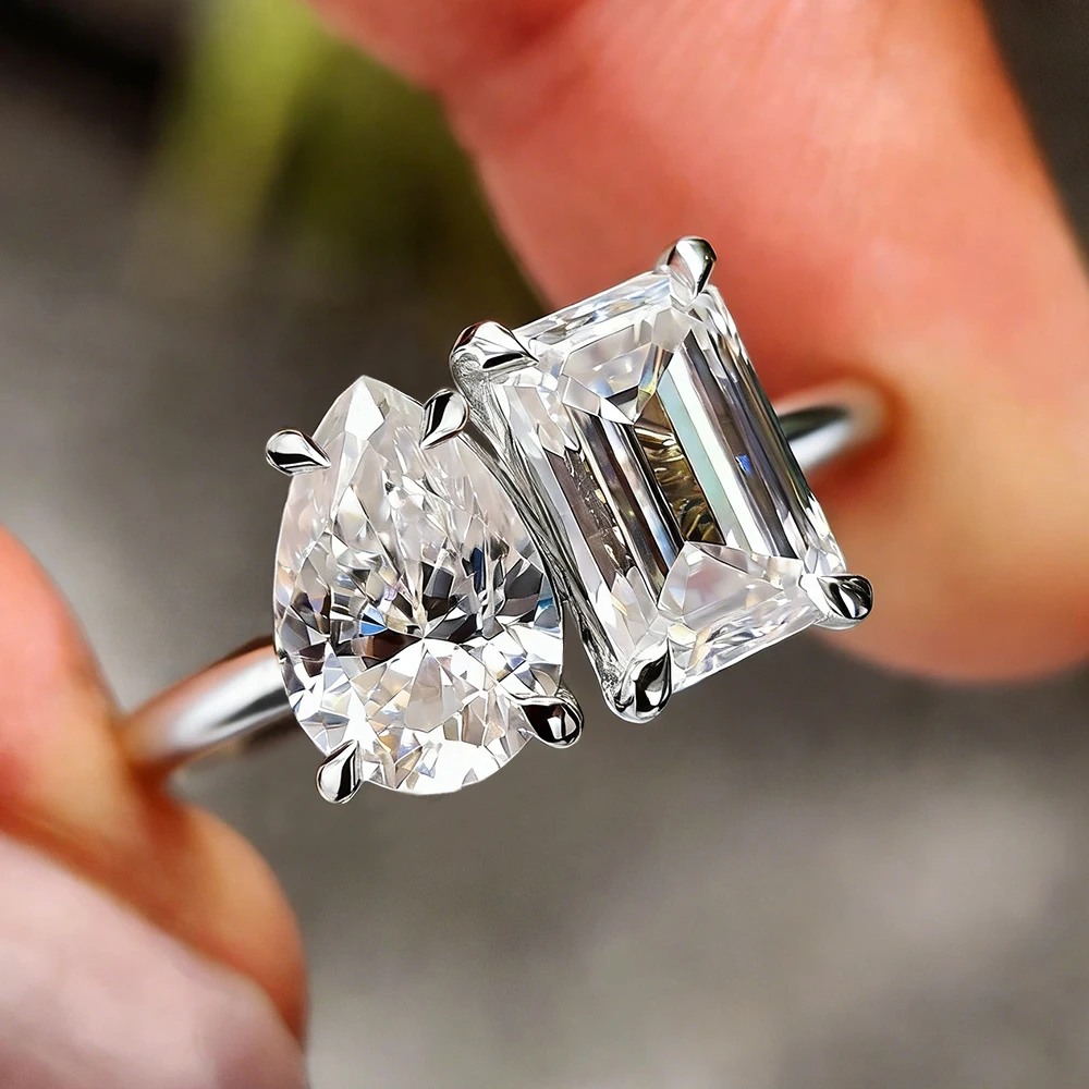 

2cttw/4cttw Emerald & Pear Cut Moissanite Engagement Ring for Women Certificate S925 Silver Two Stone Wedding Band Bridal Set