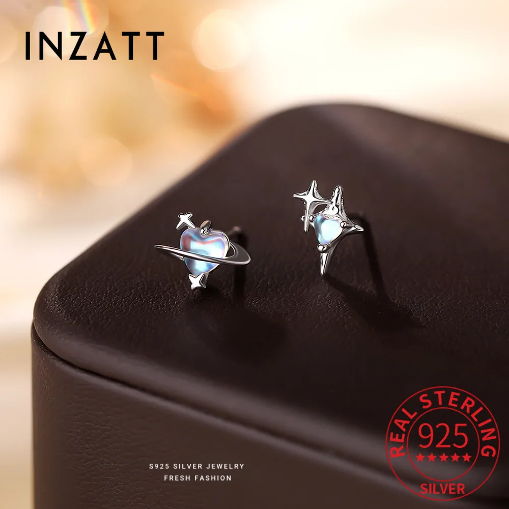INZATT Real 925 فضة غير متماثل القلب ستار وأقراط للنساء حفلة عصرية غرامة مجوهرات هندسية اكسسوارات