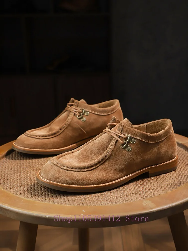 British Style Men Leather Casual Shoes Brown Suede Moccasin Shoes Lace Up Vintage Hand Stitched Flat Loafers