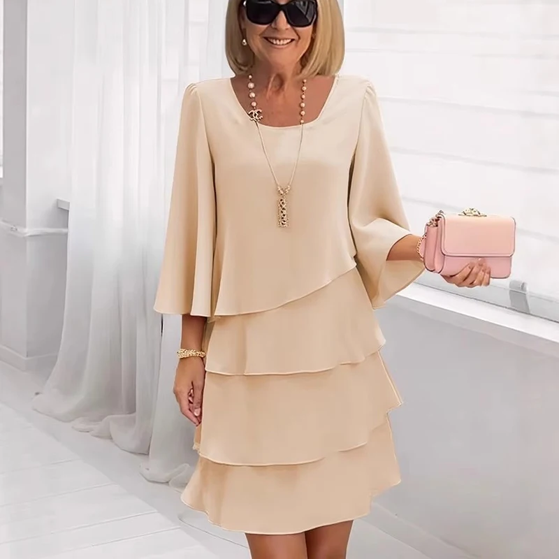 Solid Color Layered Ruffle Dress Cake Patchwork Loose Mid Length Sleeve U Neck Women Elegant Formal Occasion Dress Summer New