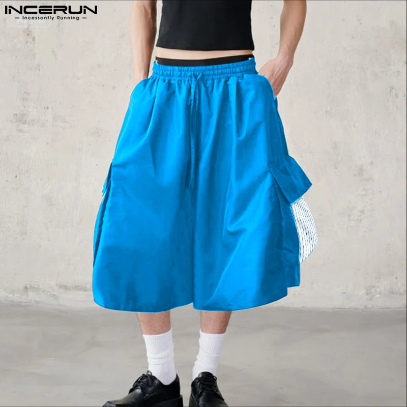 

INCERUN Men Wide Leg Pants Drawstring Joggers Patchwork Oversize Trousers Men Summer Streetwear 2025 Fashion Calf-length Pants