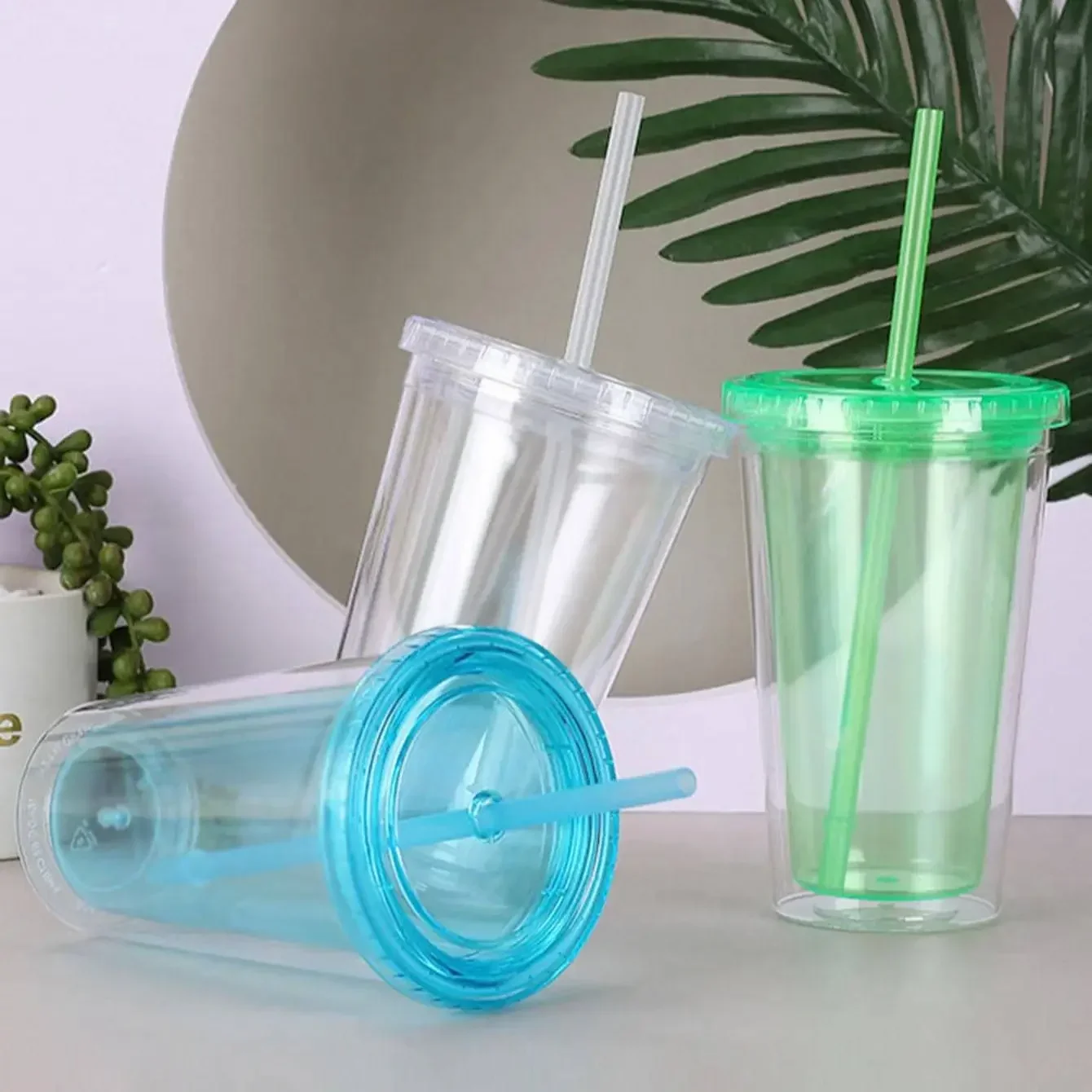 1PC-Straw Cup Tumbler with Lid Reusable Cup Plastic Transparent Water Cup with Straw Cold Cup Beverage Kitchen Accessory