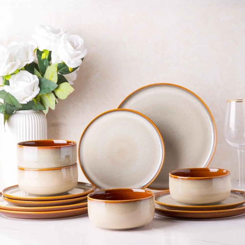 

4 Sets of Ceramic Tableware, Porcelain Plates and Bowls with Wavy Edges, Microwave, Dishwasher, and Oven Safe