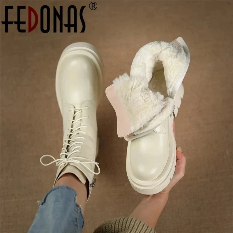 FEDONAS Women Ankle Boots Autumn Winter Fur Snow Boots Non-slip Shoes Woman Platforms Wool Genuine Leather Snow Boots