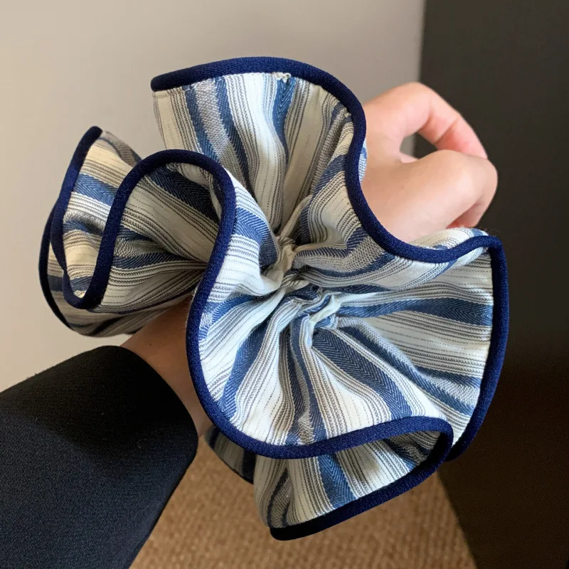 Korean Navy Blue Striped High Ponytail Headband