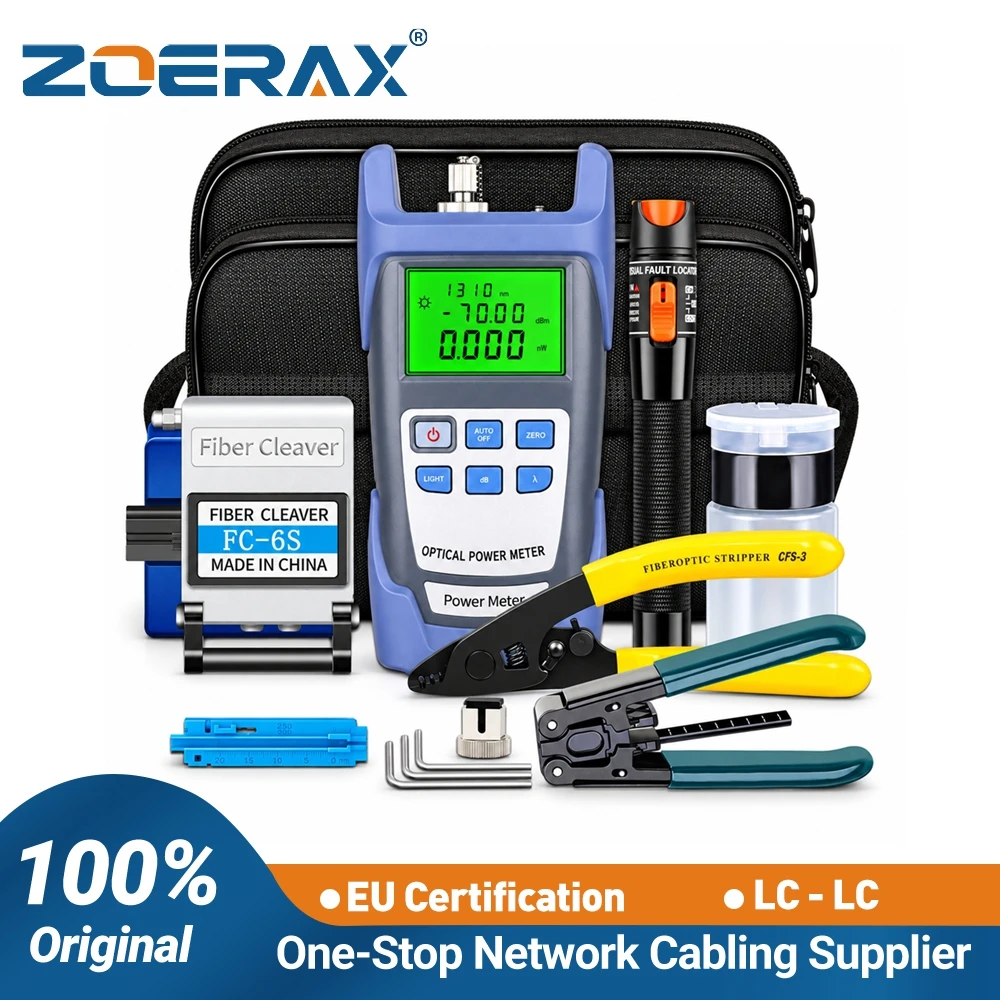 ZoeRax 11 in 1 FTTH Fiber Optic Tool Kit with -70~+10dBm Optical Power Meter 10MW Visual Fault Locator Fiber optic Cutter
