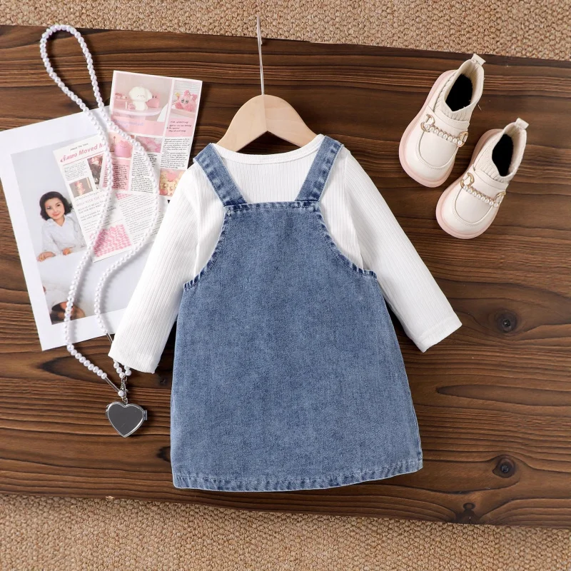

New Girls' Skirt Set Long-sleeve sweatshirt paired with denim suspender heart bow dress two-piece set