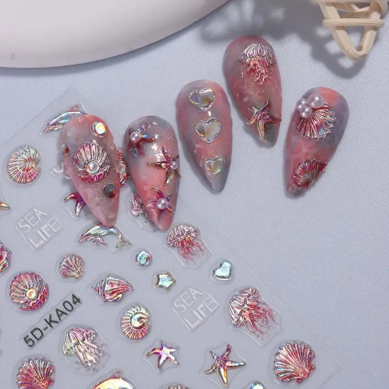 Geprägte Quallen Muschel Ozean Nail Art Aufkleber Selbstklebende Meereslebewesen Wal Nagelaufkleber Maniküre DIY Zubehör Nägel Slider
