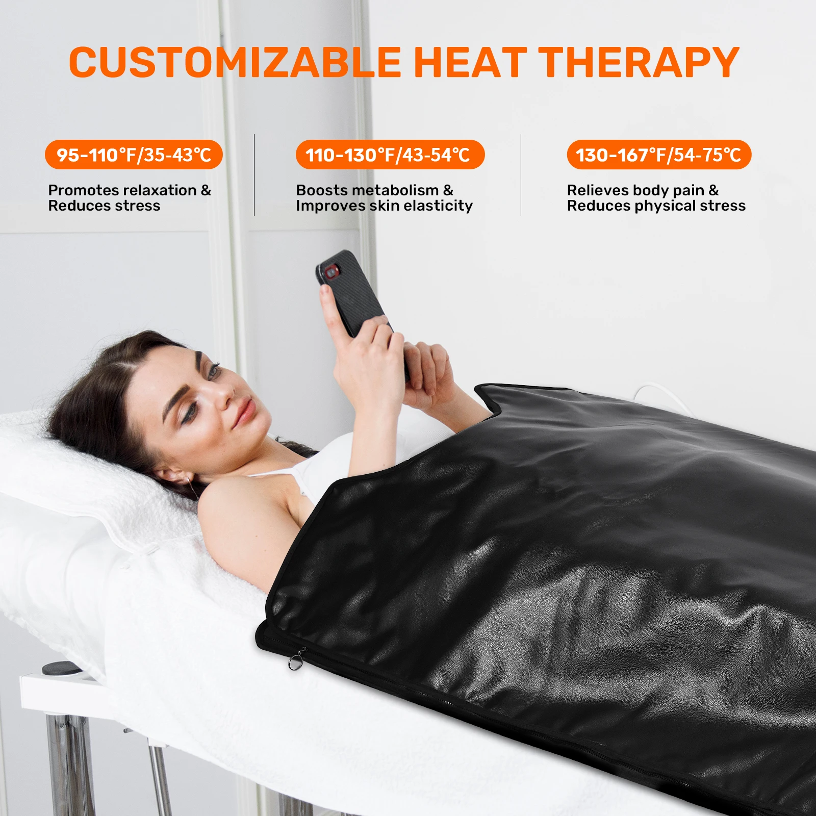 Upgraded in frared Sauna Blanket Weight Loss Zipper Portable Sauna Heating Blanket 35℃-75℃ Fast Sweating Detox Body Relax Black