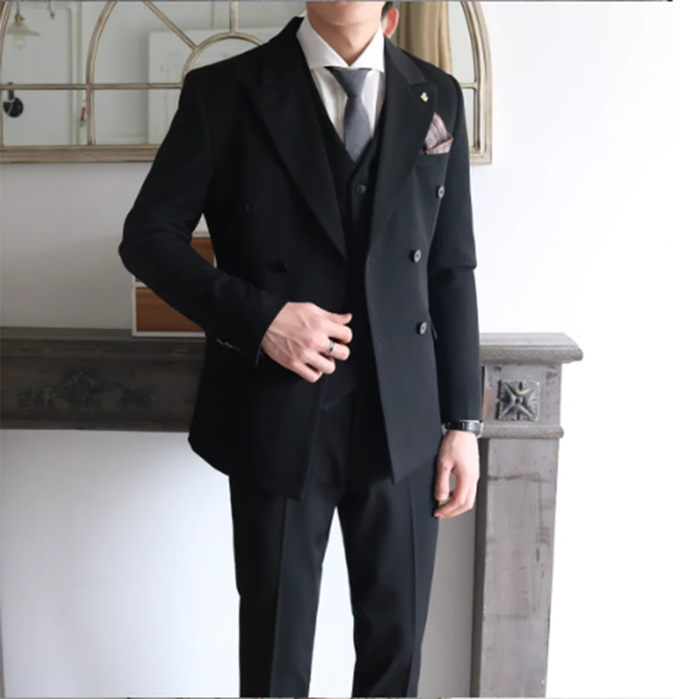 Elegant Grey Black Classic Men Suit Three Piece Jacket Pants Vest Double Breasted Peak Lapel Daily Office Banquet Trajes Para