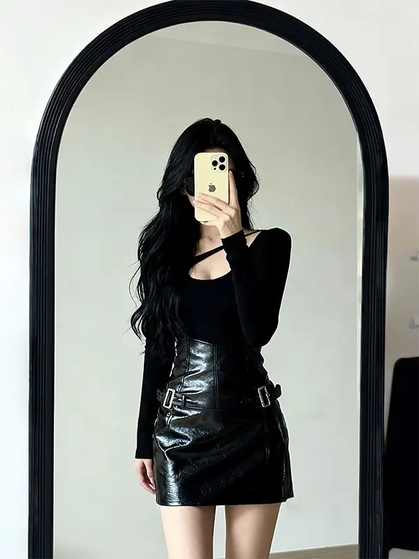 

Sexy High-Waist Bodycon T-irt And Skirt Set Women's Faion Autumn Winter New Sle One-Piece Long Sve Hollow out Top