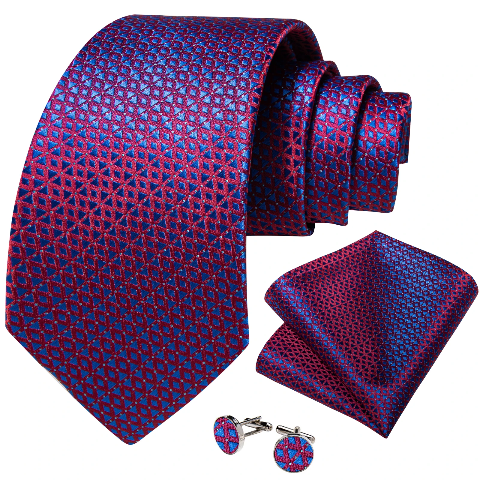 Men Geometric Pattern Necktie Pocket Square Cufflinks Set Modern Minimalist Business Suit Accessories
