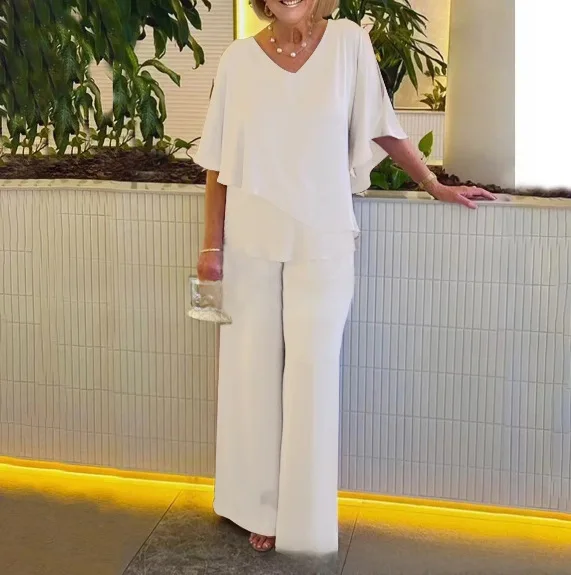 Summer Elegant Outfit Casual Loose Two-piece Set Office lady Suit Chic Womens V Neck Bat Sleeve Ventilate Top Wide Leg Pants Set