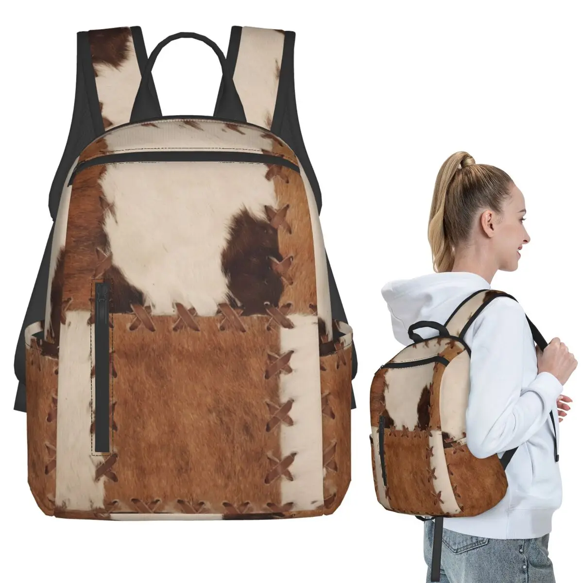 パッチワーク牛革素朴な西洋風装飾バックパック学生ブックバッグ子供スクールバッグコンピュータショルダーバッグ男性女性用