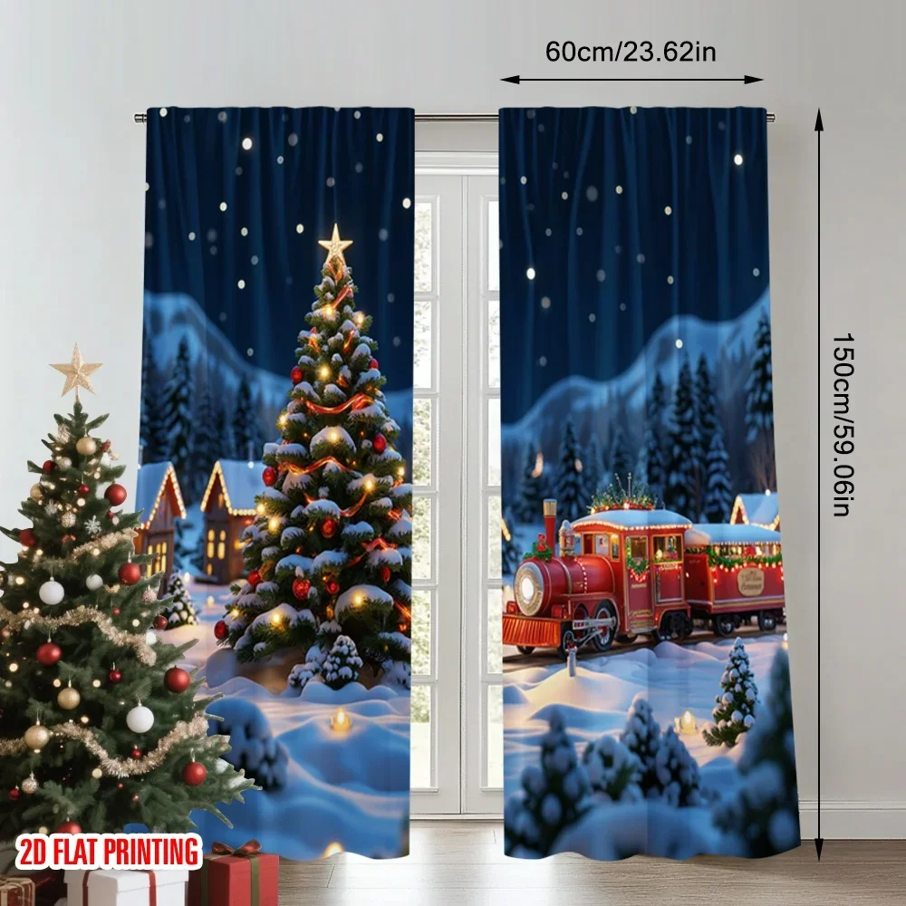 2pcs 2D flat printing Merry Christmas Curtains Cozy Christmas Village Train Polyester Without Electricity Holiday Decorations