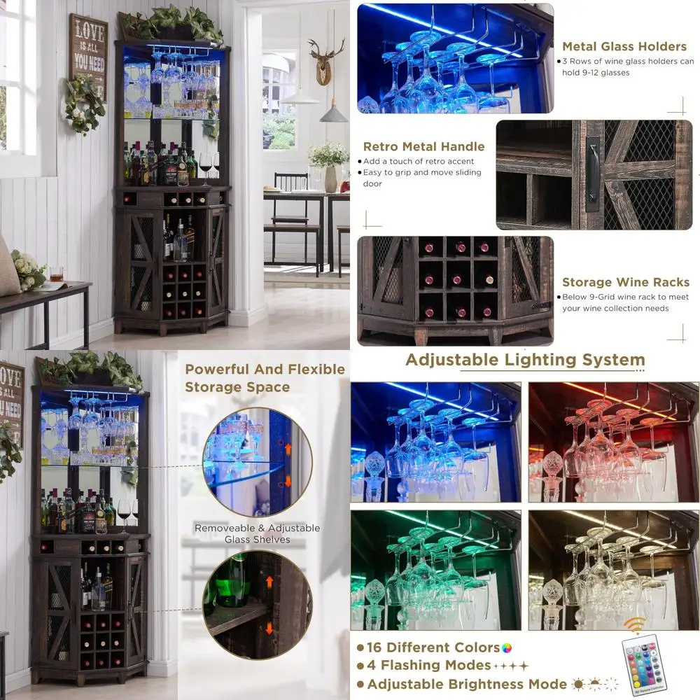 72 hoher Weinschrank im Bauernhausstil mit Scheunentür, verstellbaren Regalen und LED-Beleuchtung