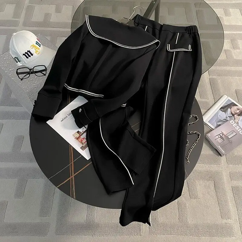 2024 Wiosna i jesień Nowy czarny modny zestaw damski Kardigan Kurtka Spodnie z szerokimi nogawkami Dwuczęściowy zestaw ubrań dla kobiet Zestawy spodni