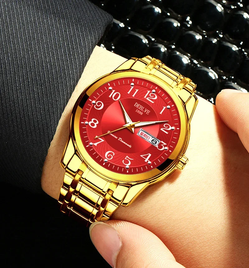 Reloj de cuarzo de lujo para hombre, cronógrafo de acero, con calendario, resistente al agua hasta 30 metros, color dorado