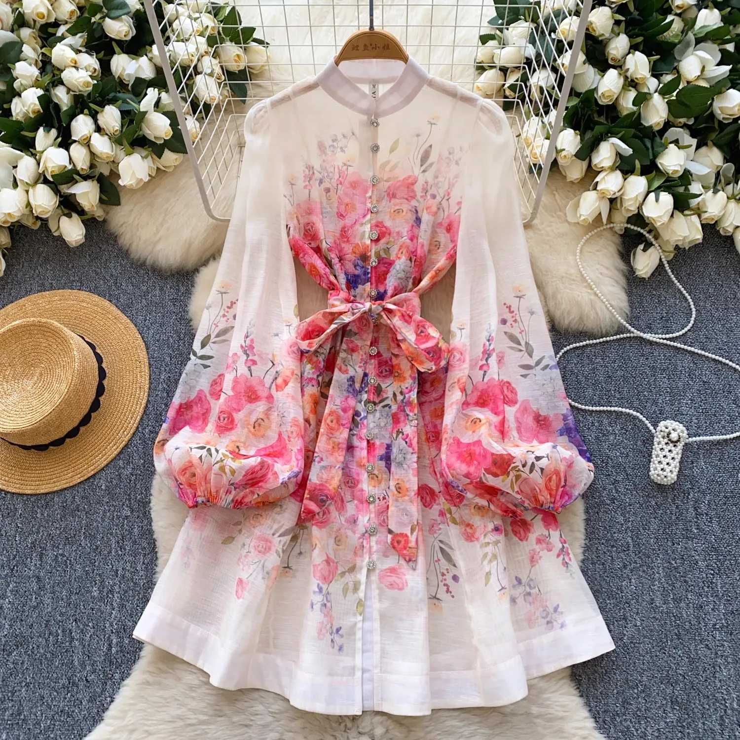 

Summer Holiday Female Long Lantern Sleeve Beach Dress with Stand Collar Single Breasted Belt Lace up Gorgeous Flower Party Vesti