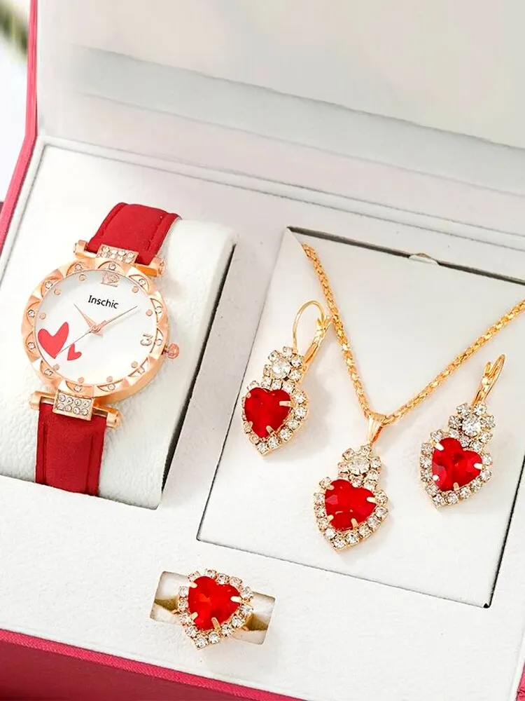 5pcs Fashion Trend Love Diamond Set Women\'s Red Belt Quartz Watch+Pendant Necklace+Earrings+Ring Combination Set, Gift Set