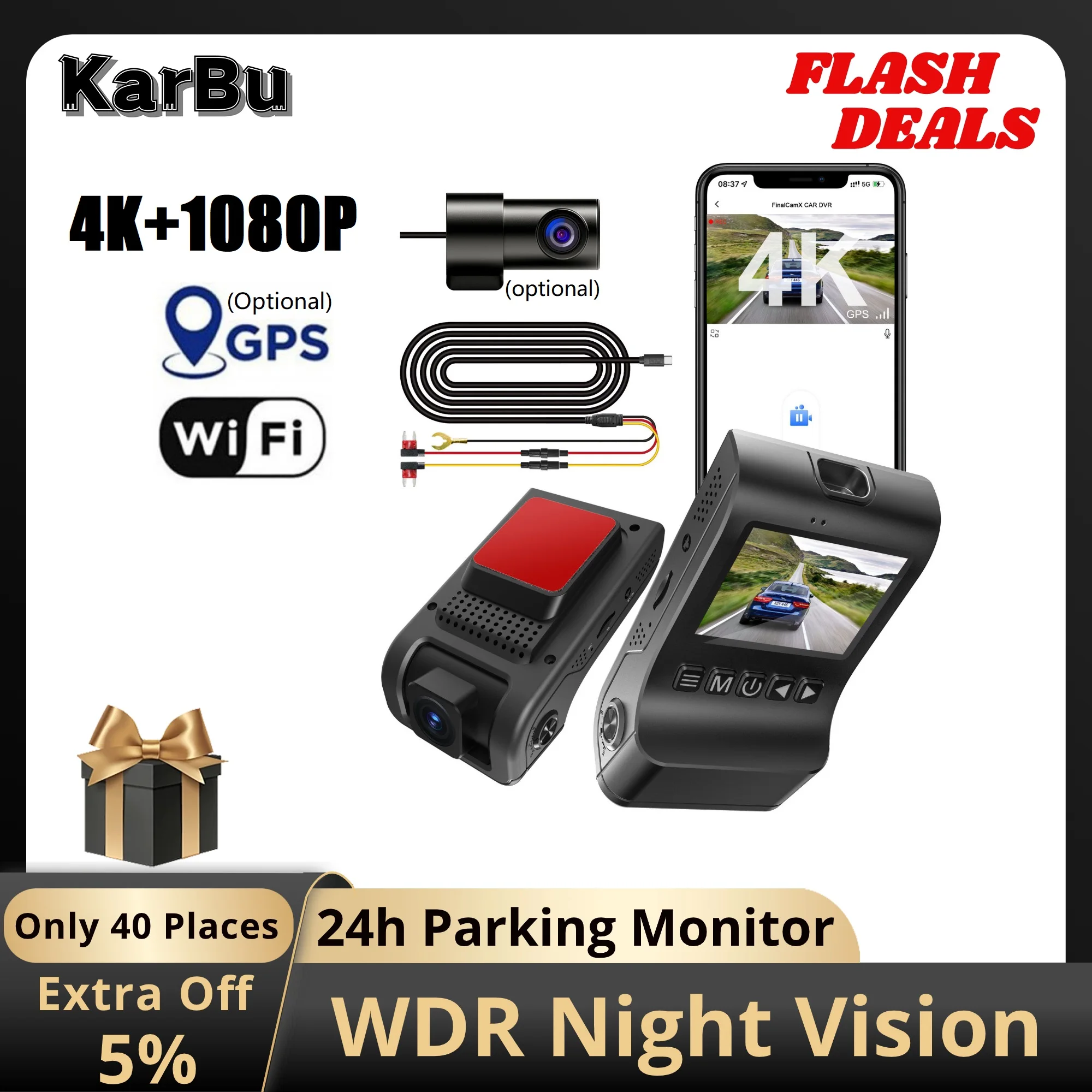 Dashcam 4K GPS Wifi 24h Parking Monitor Dash Cam for Car Camera Night Vision Dvr Front and Rear Dual Dvrs Mini Video Registrator