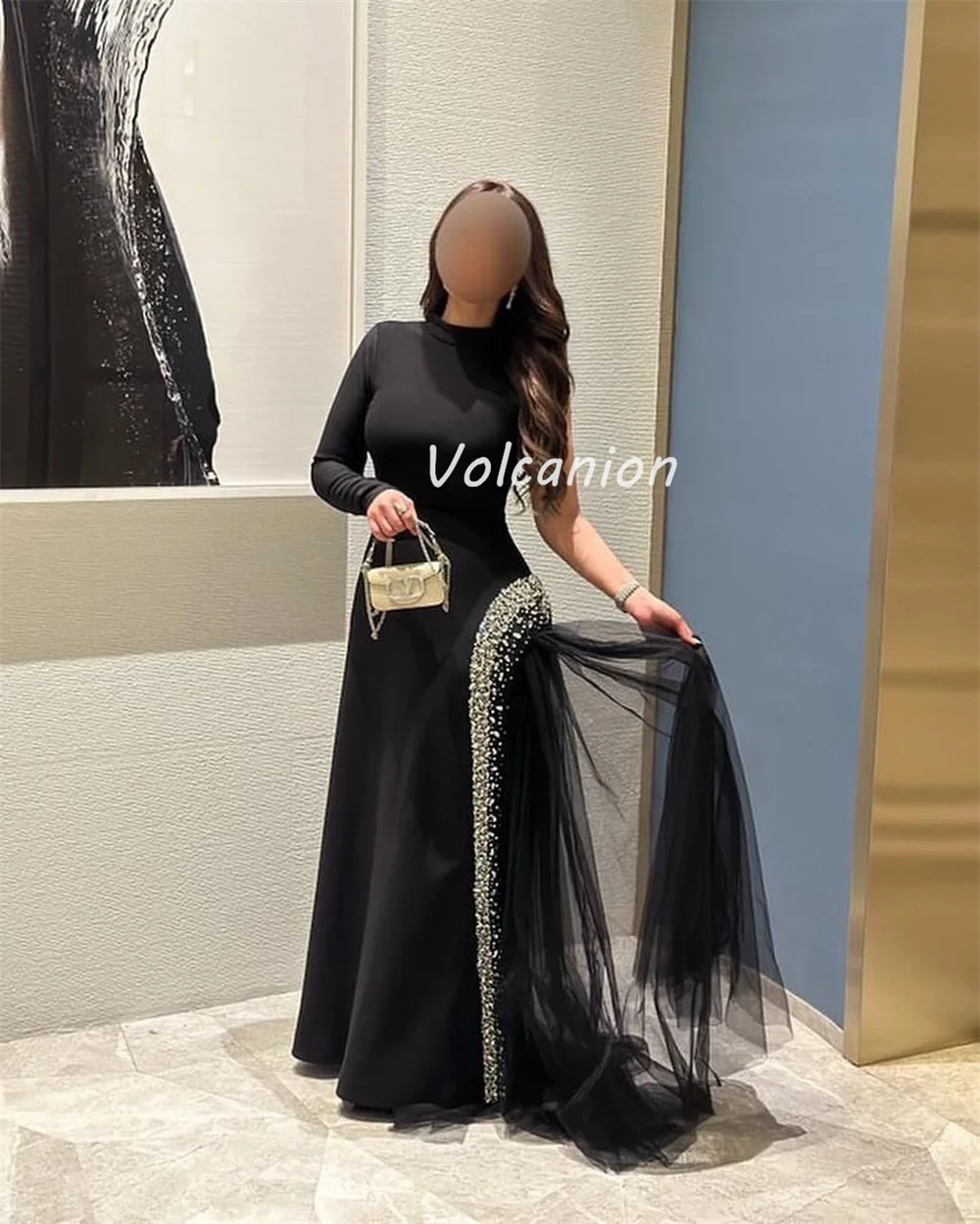 Sukienki na zamówienie, eleganckie, formalne, dżersejowe, z dżetami, plisowane, w kształcie litery A, z wysokim kołnierzem, długie, szyte na miarę, na specjalne okazje, wysokiej jakości, klasyczne.