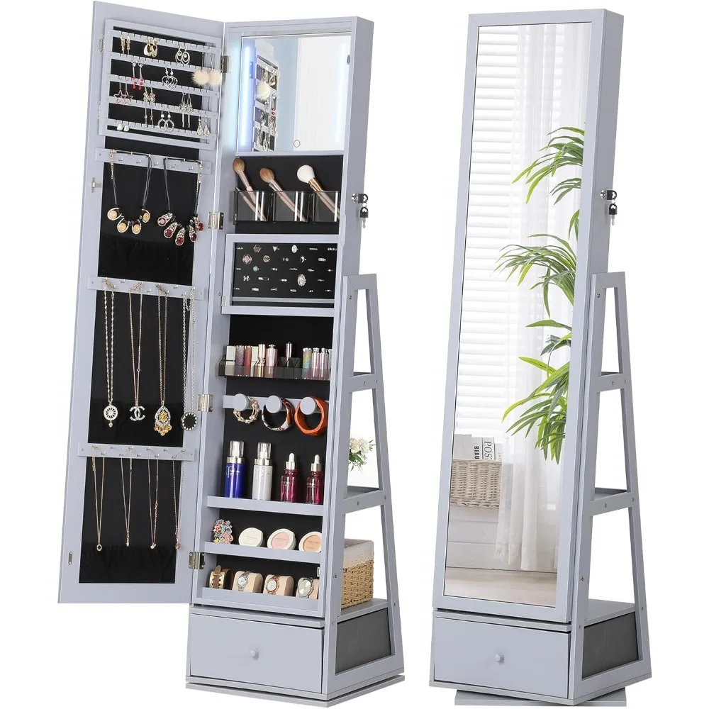 360° Swivel Jewelry Cabinet with Lights, Rotatable Full Length Mirror with Jewelry Storage, Standing Jewelry Armoire Organizer,