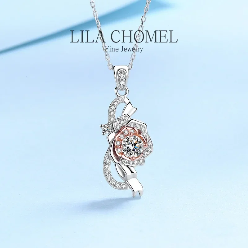 

Classic White Gold 18K rose flower necklace with 0.5 Carat Moissanite Diamond Pendant for Women Sparkling fine Jewelry lady gift