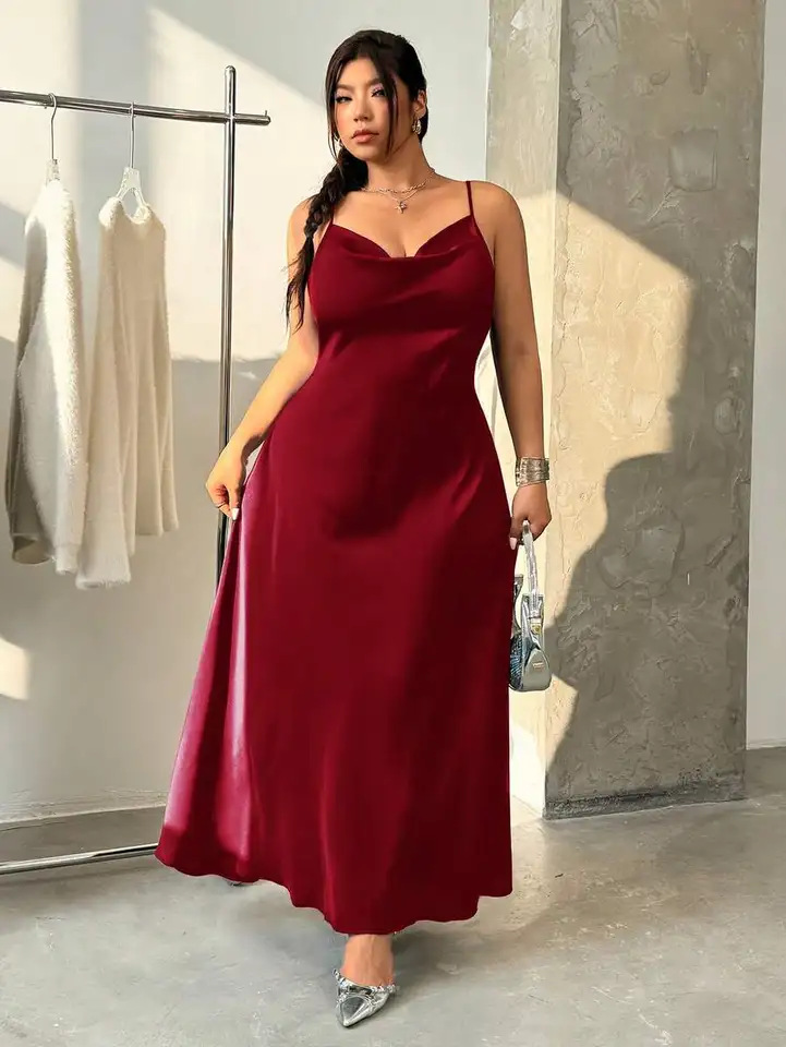 Wine Red Plus Size Satin Maxi Dress for Parties