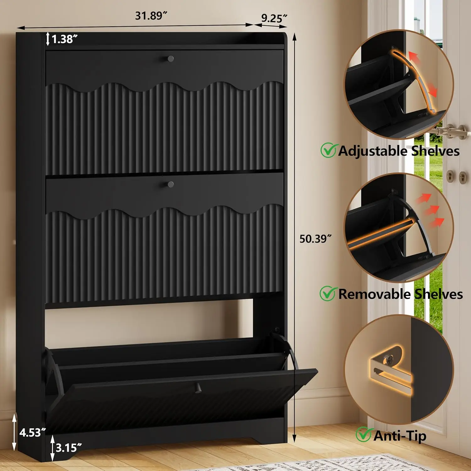Shoe Cabinet with 3 Flip Drawers & Wave Panels, Slim Organizer with Adjustable Shelves & Anti-Tip Kit for Entryway, Customized