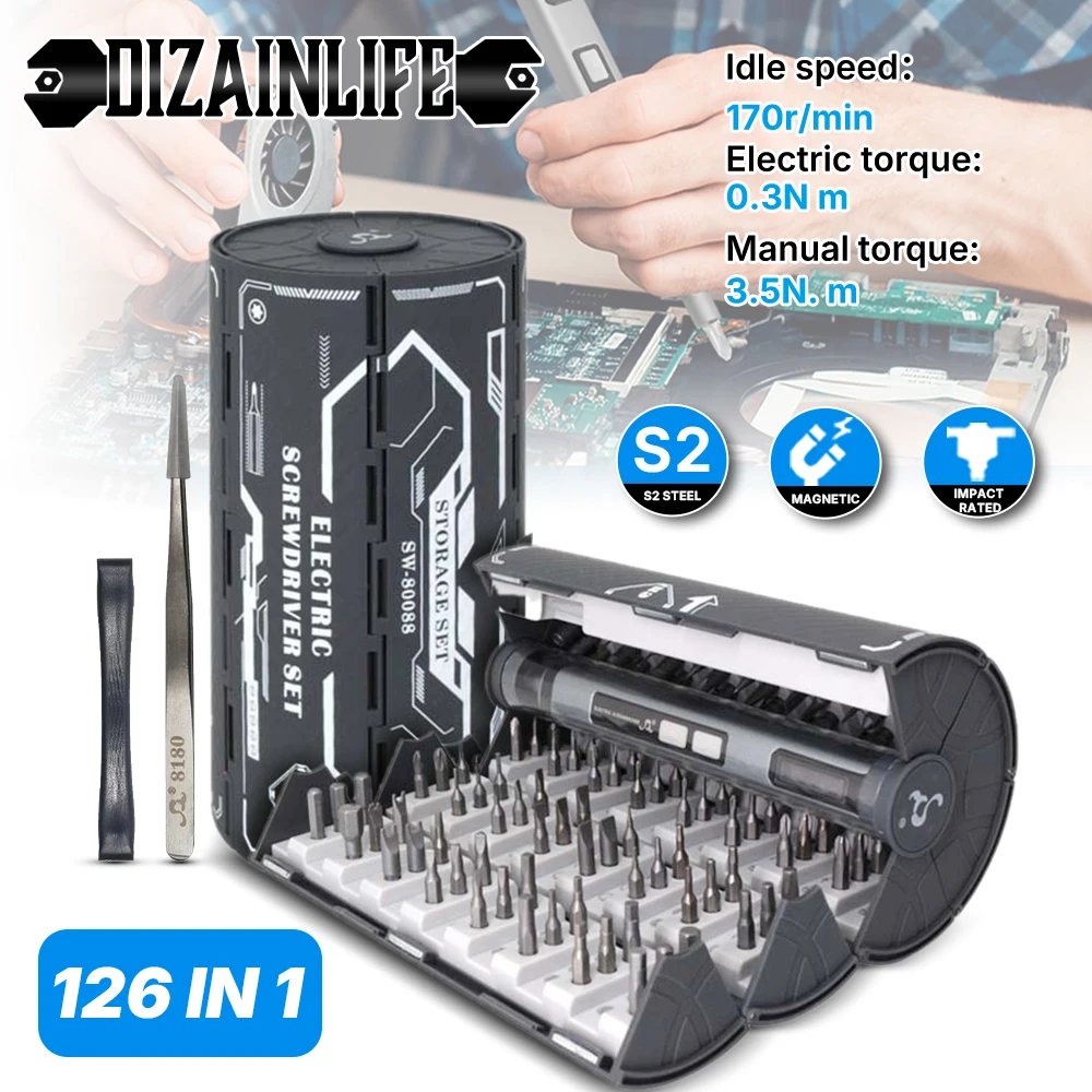 

126 in 1 Electric Screwdriver Set 3-Speed Torque Magnetic Screwdriver Head with LED Light for PC IPhone Camera Watch Glasses