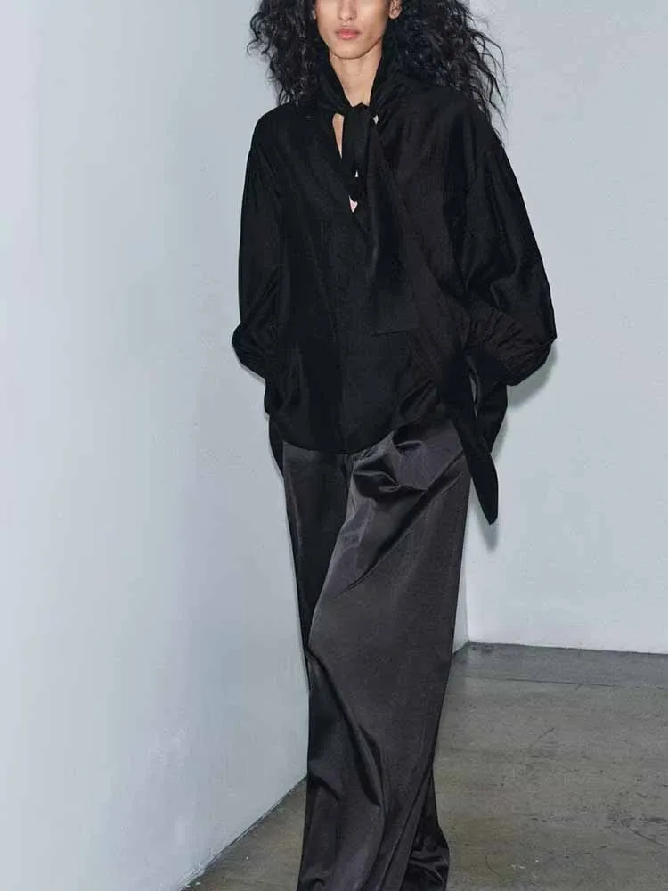 

European and American style winter new arrival fashionable women's clothing, versatile bow-embellished draped shirt