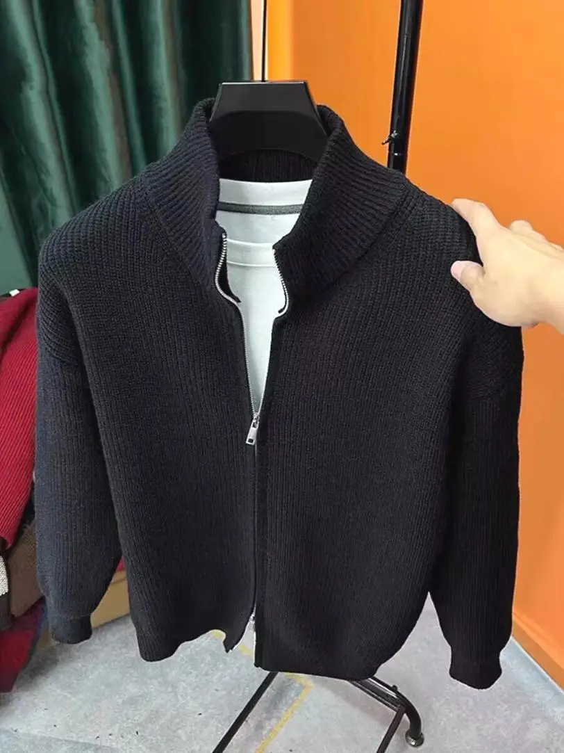 

Тонкий шерстяной кардиган Slim Fit с длинными рукавами, двойной молнией и высоким воротником, молодежный повседневный стиль, весна-осень