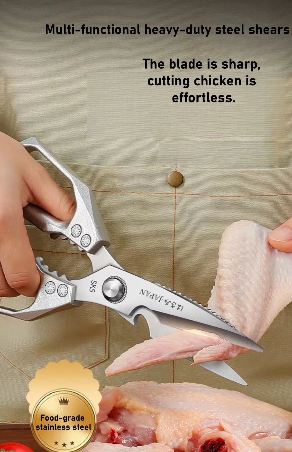 2pcs Japanese SK5 Premium Stainless Steel Multi-Functional Kitchen Scissors Strong Chicken bone Cutting Knife Home Use