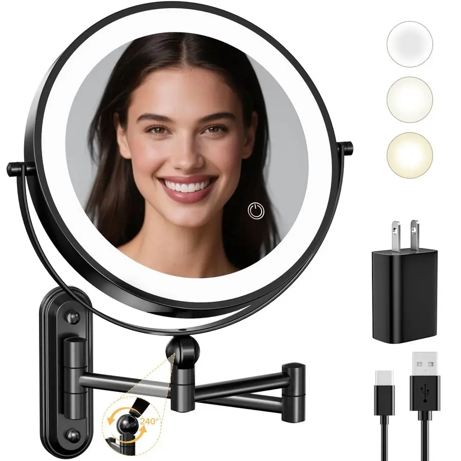 

TwoFingersWidth Narrow Base Rechargeable Wall Mounted Lighted Makeup Mirror,3 Color Lights Dimmable Touch Screen,8 Inch LED Dou