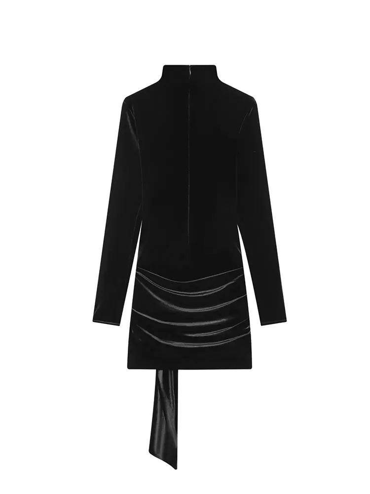 Nlzgmsj vestido de festa feminino de veludo 2025 outono inverno manga longa mock neck fitas franzidas vestido bainha fina curto mini vestido