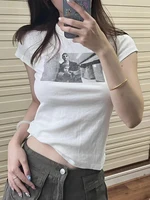 Camisetas ajustadas con estampado gráfico Vintage para mujer, Camiseta de algodón de manga corta con cuello redondo, ropa de calle Retro, Tops clásicos elegantes 2023